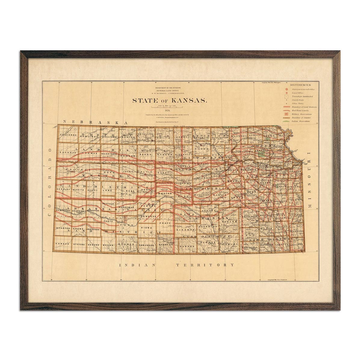 Kansas State 1876 Map - Muir Way - Vintage Map