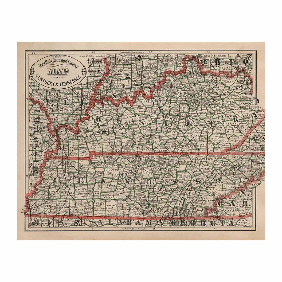 Kentucky and Tennessee 1883 Map - Muir Way - Vintage Map