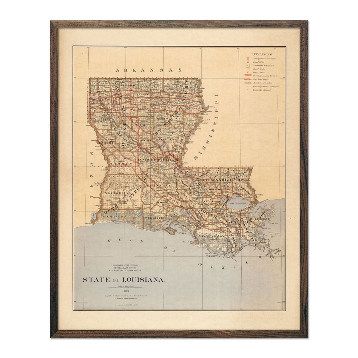 Louisiana State 1876 Map - Muir Way - Vintage Map