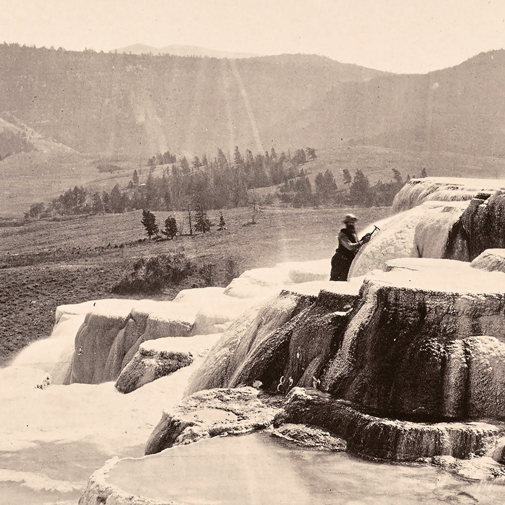 Mammoth Hot Springs on Gardiner's River with Man, Yellowstone 1873 - Muir Way - Photograph
