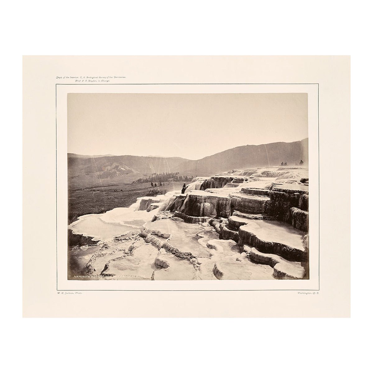 Mammoth Hot Springs on Gardiner's River with Man, Yellowstone 1873 - Muir Way - Photograph