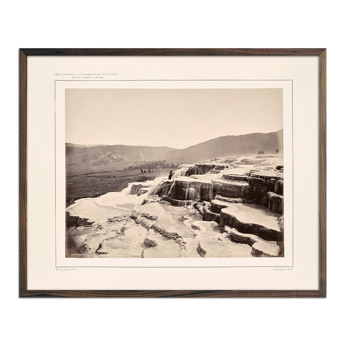 Mammoth Hot Springs on Gardiner's River with Man, Yellowstone 1873 - Muir Way - Photograph
