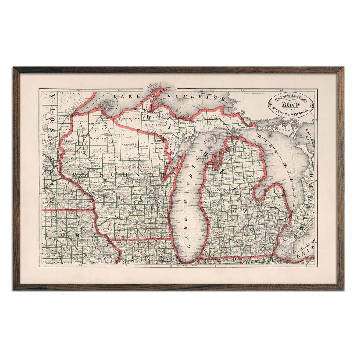 Michigan and Wisconsin 1883 Map - Muir Way - Vintage Map