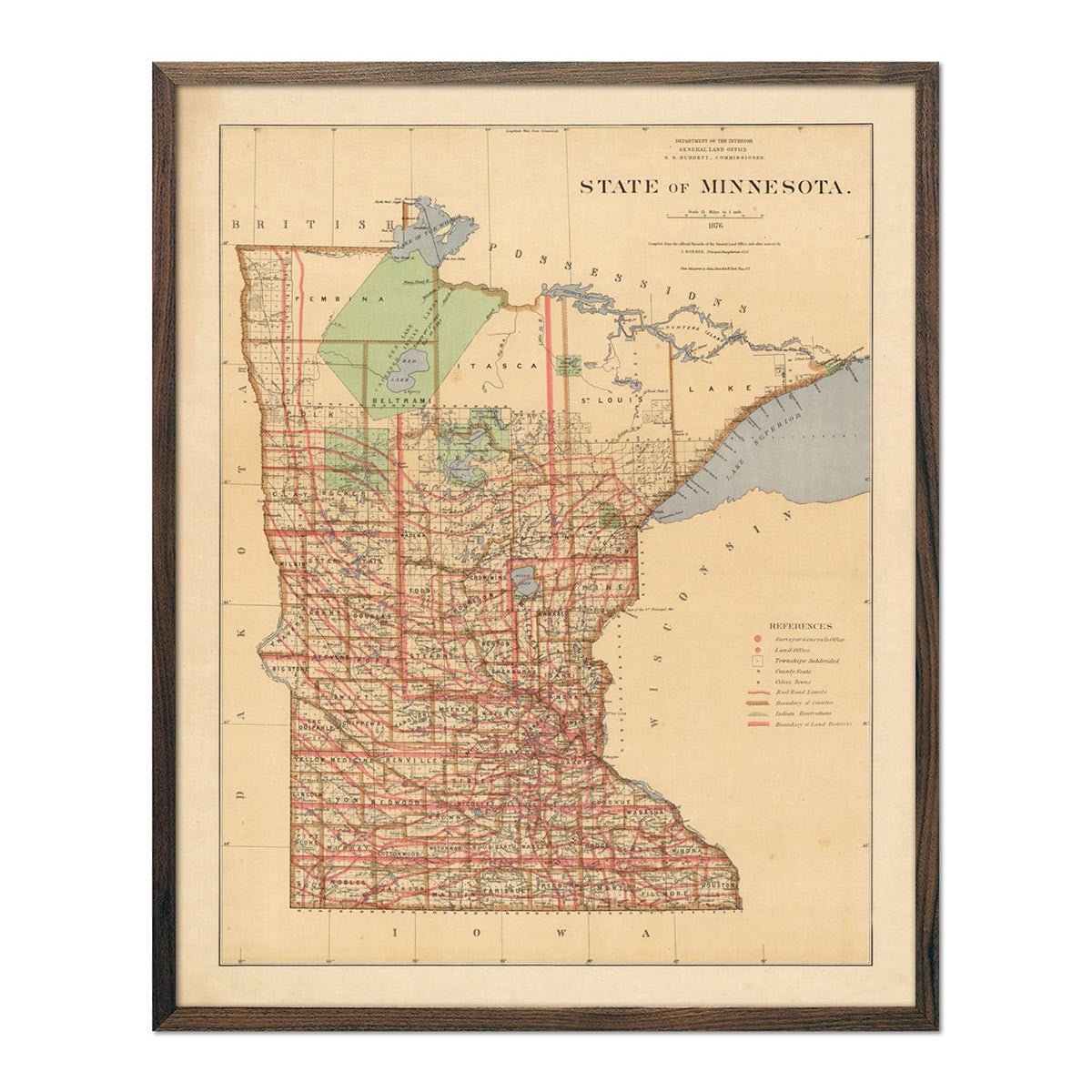 Minnesota State 1876 Map - Muir Way - Vintage Map