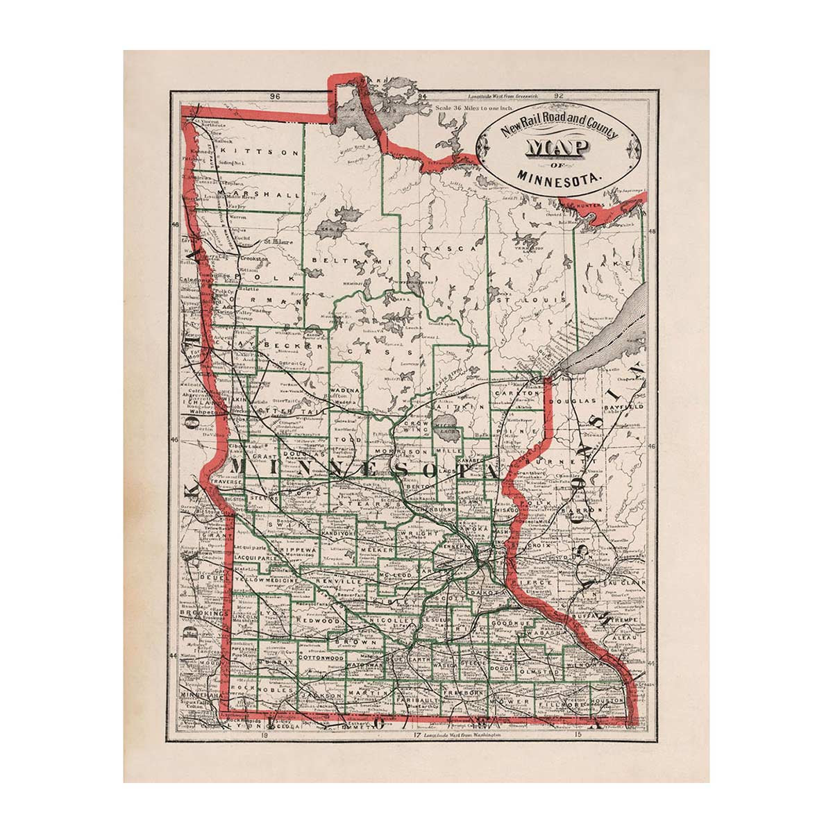 Minnesota 1883 Map - Muir Way - Vintage Map