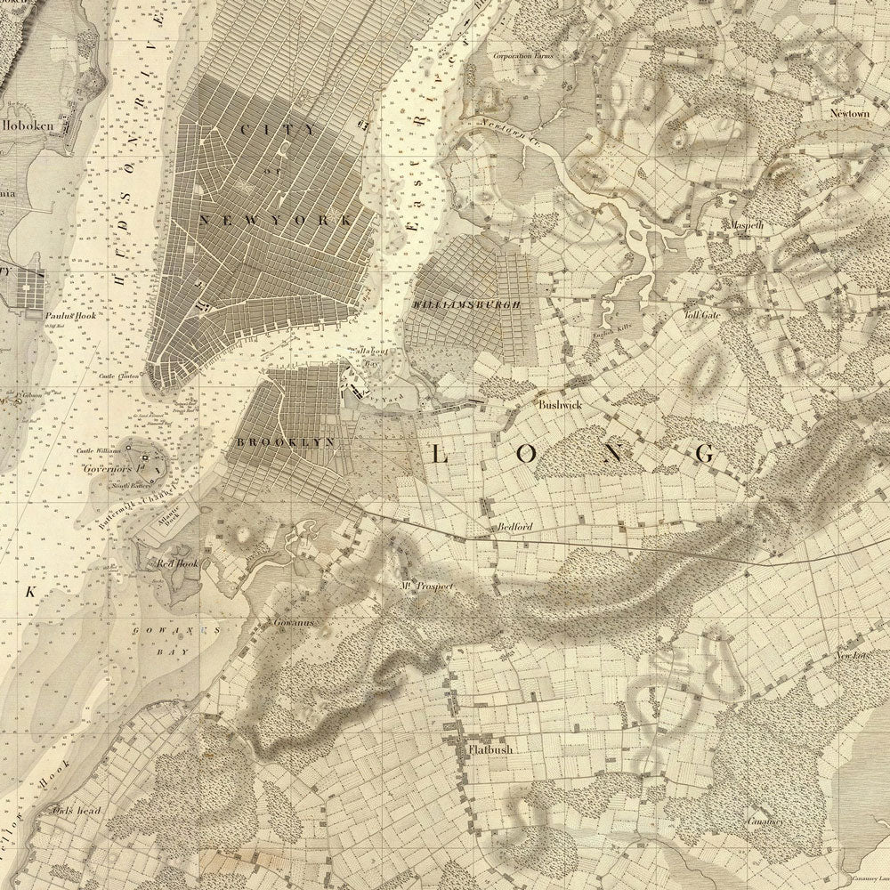 New York Bay and Harbor 1844 Map - Muir Way - Vintage Map