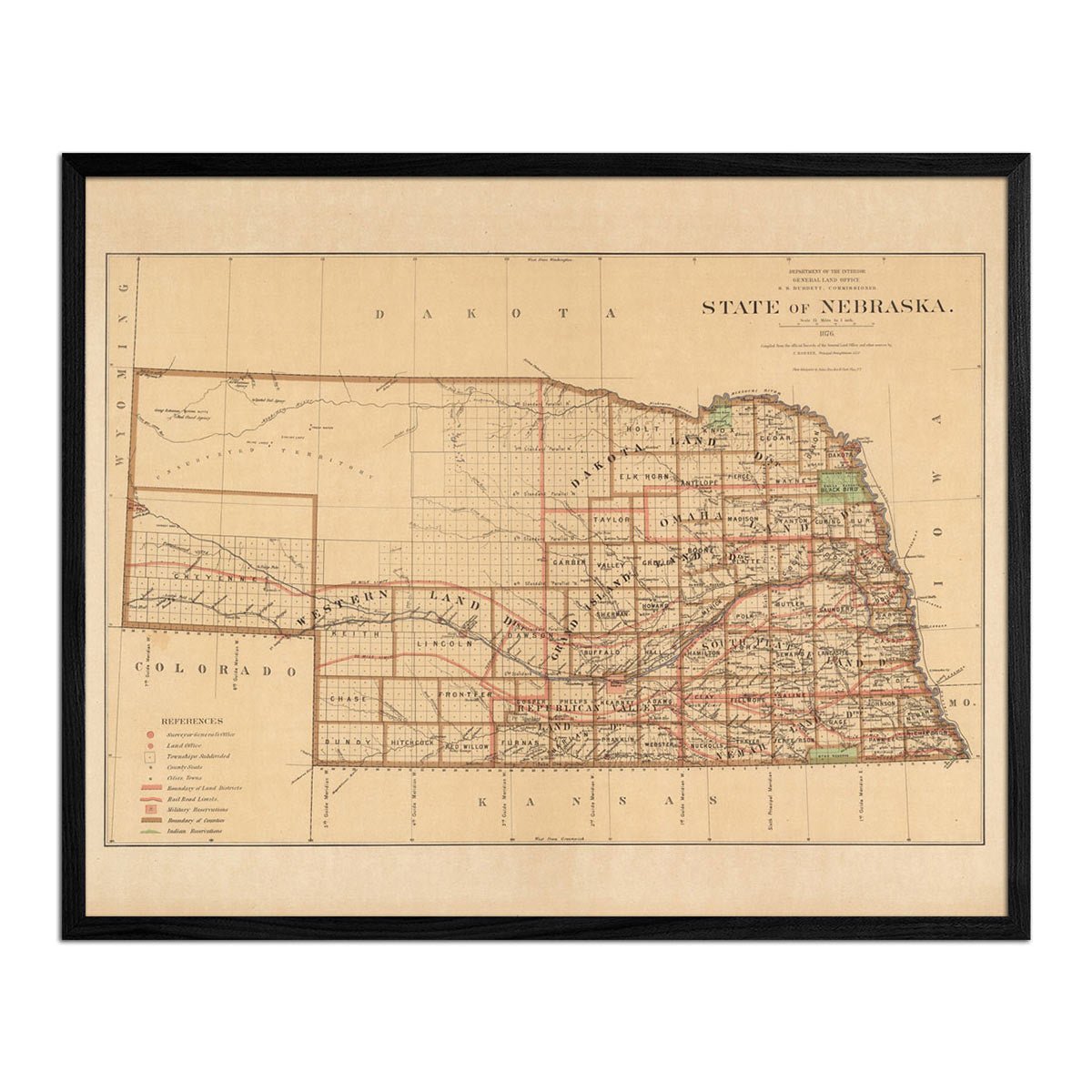 Nebraska State 1876 Map - Muir Way - Vintage Map