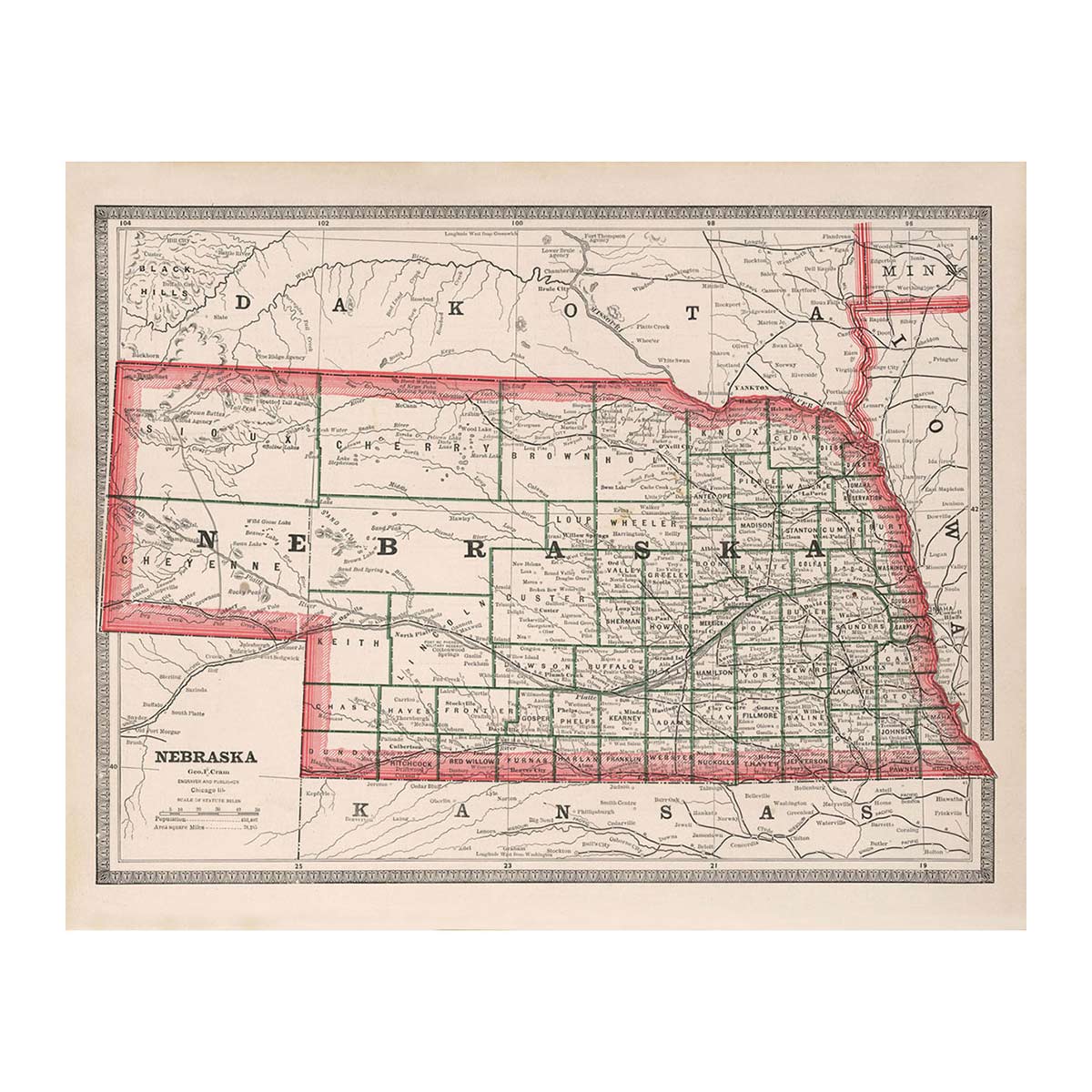 Nebraska 1883 Map - Muir Way - Vintage Map