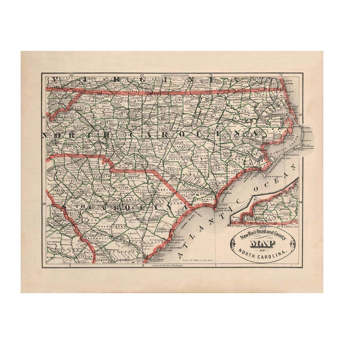 North Carolina 1883 Map - Muir Way - Vintage Map