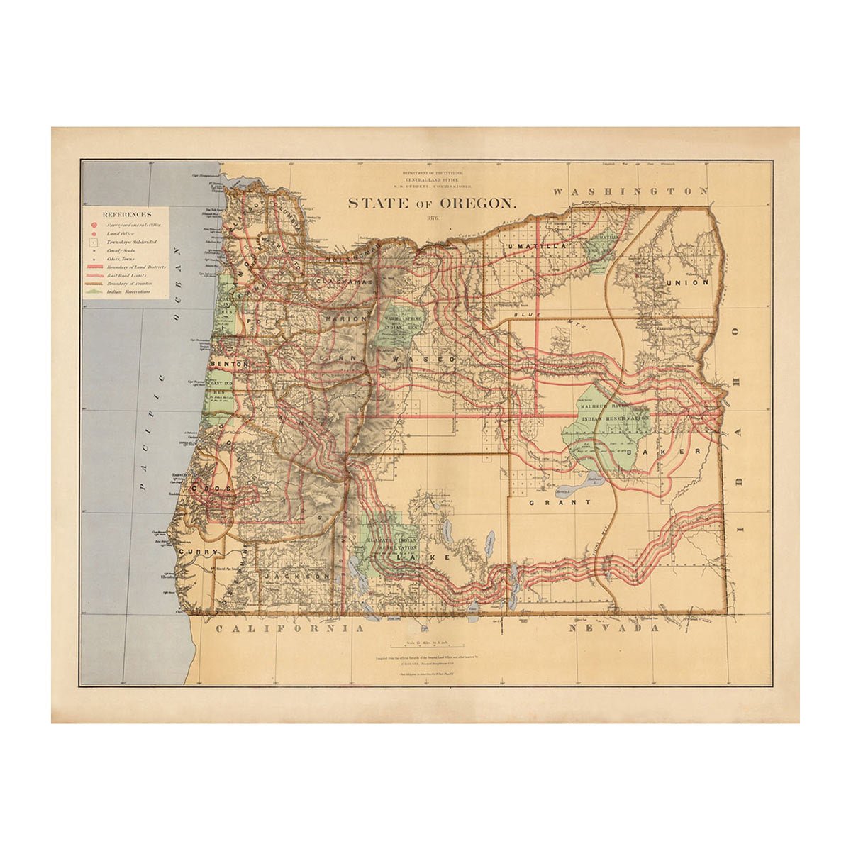 Oregon State 1876 Map - Muir Way - Vintage Map