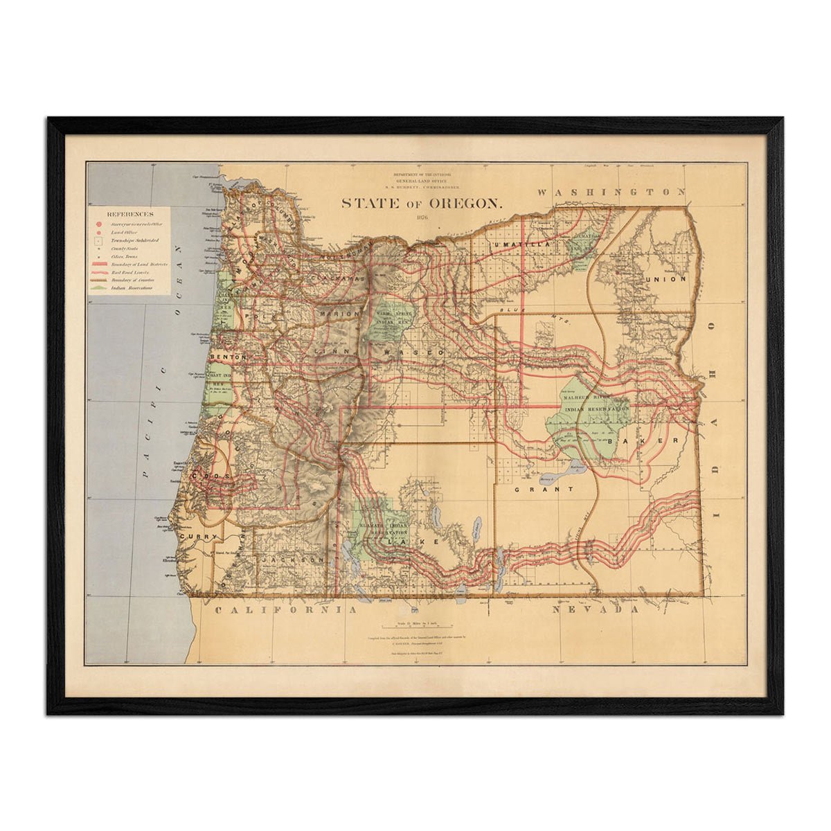 Oregon State 1876 Map - Muir Way - Vintage Map