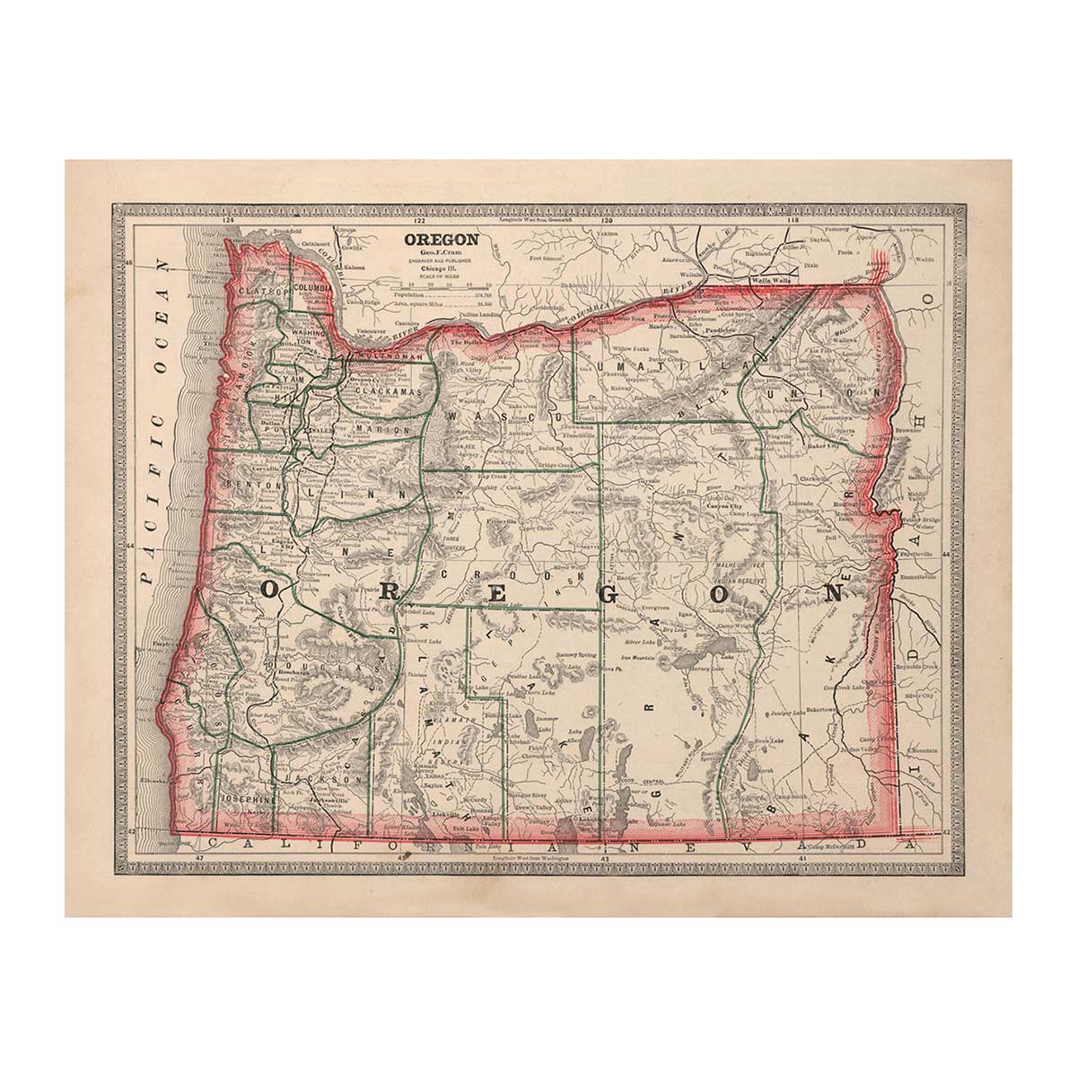 Oregon 1883 Map - Muir Way - Vintage Map
