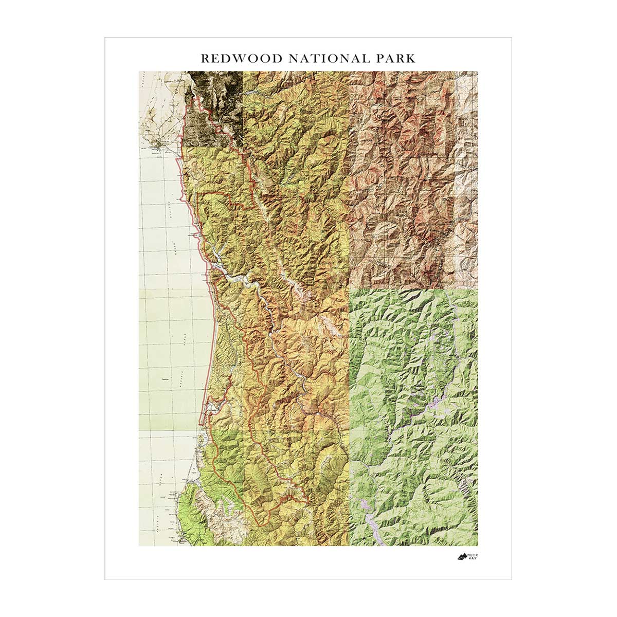 Redwood National Park Shaded Relief Map - Muir Way - Relief Series