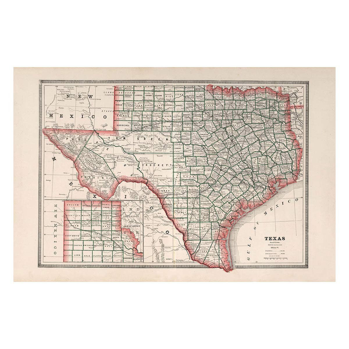 Texas 1883 Map - Muir Way - Vintage Map
