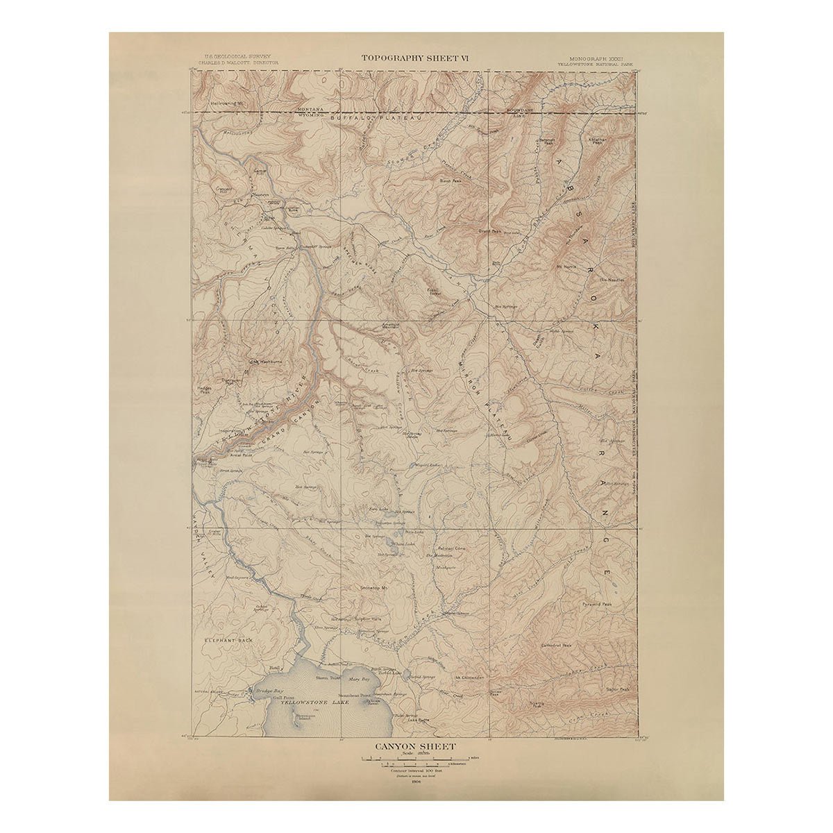 Yellowstone Topographic Map of Canyon Section 1904 Map - Muir Way - Vintage Map