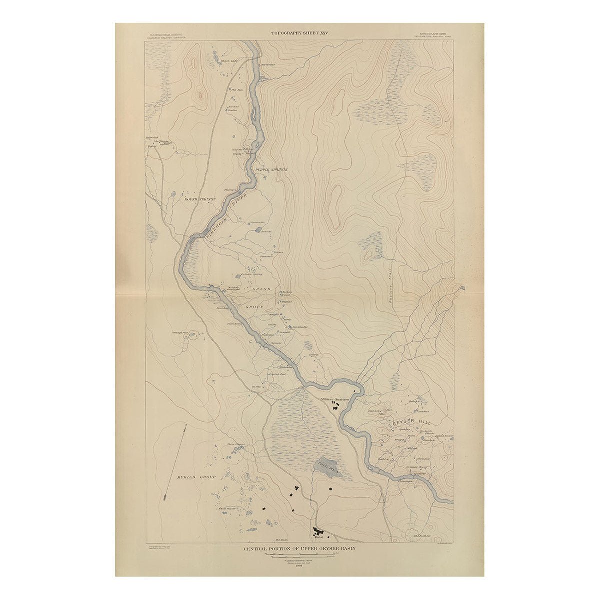 Yellowstone Topographic Map of Central Upper Geyser Basin 1904 Map - Muir Way - Vintage Map