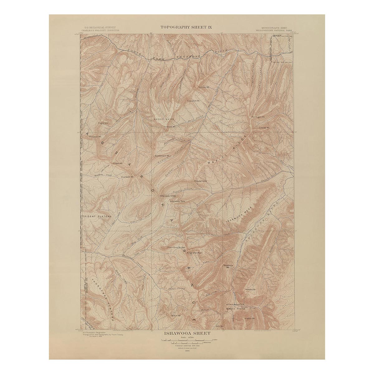 Yellowstone Topographic Map of Ishawooa 1904 Map - Muir Way - Vintage Map