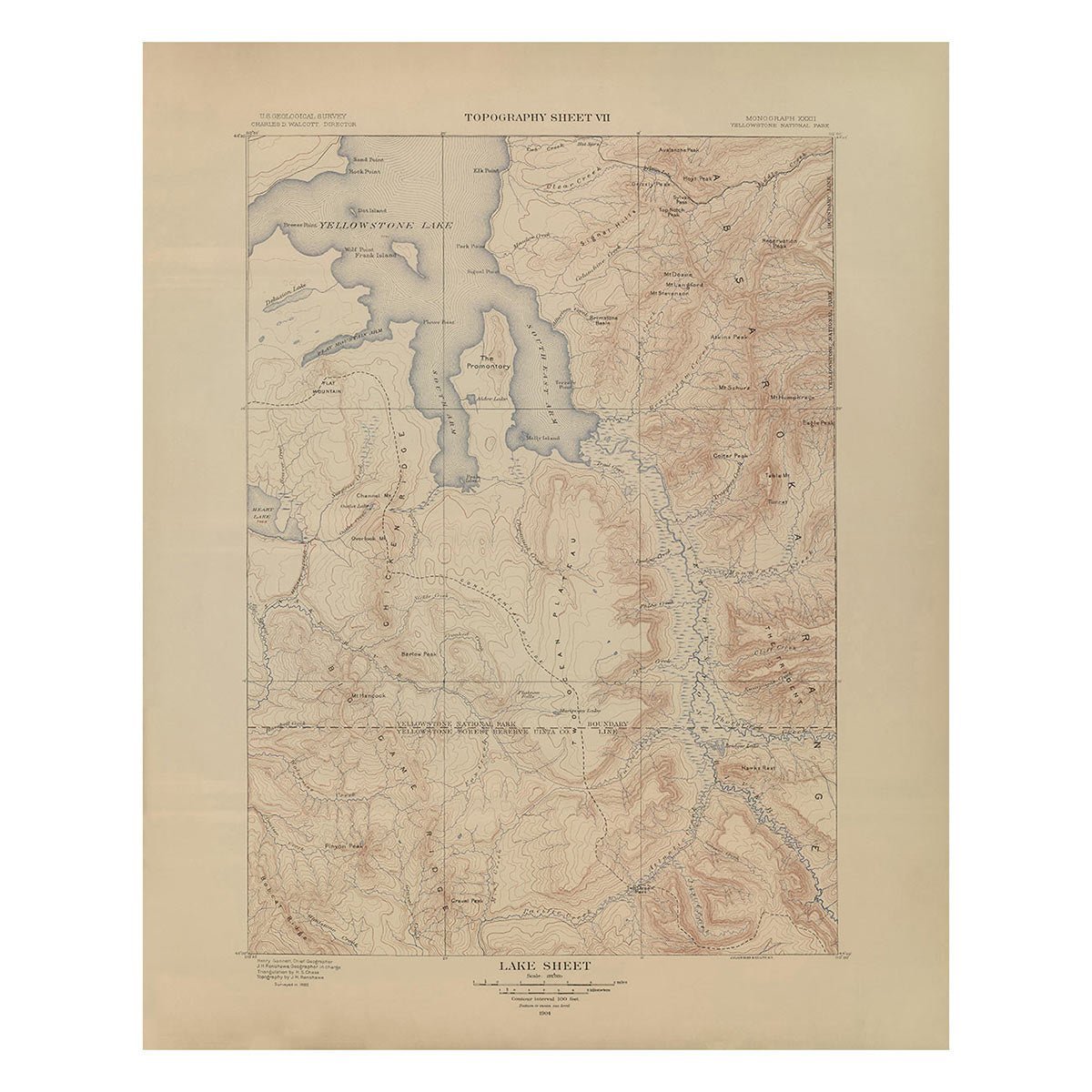 Yellowstone Topographic Map of Lake Section 1904 Map - Muir Way - Vintage Map
