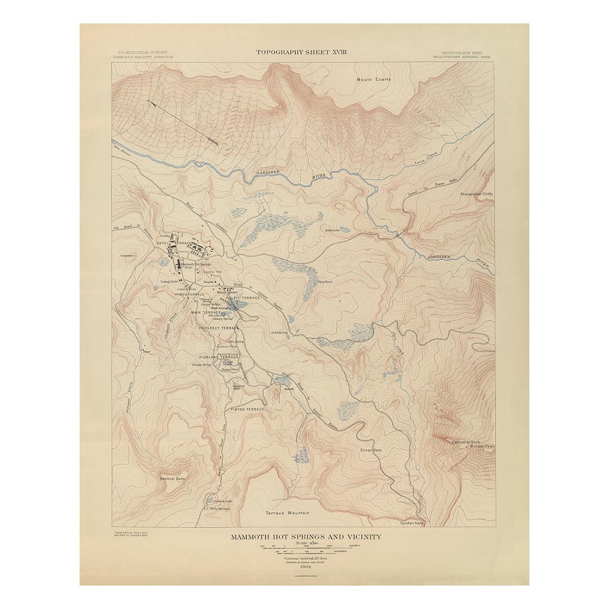 Yellowstone Topographic Map of Mammoth Hot Springs 1904 Map - Muir Way - Vintage Map