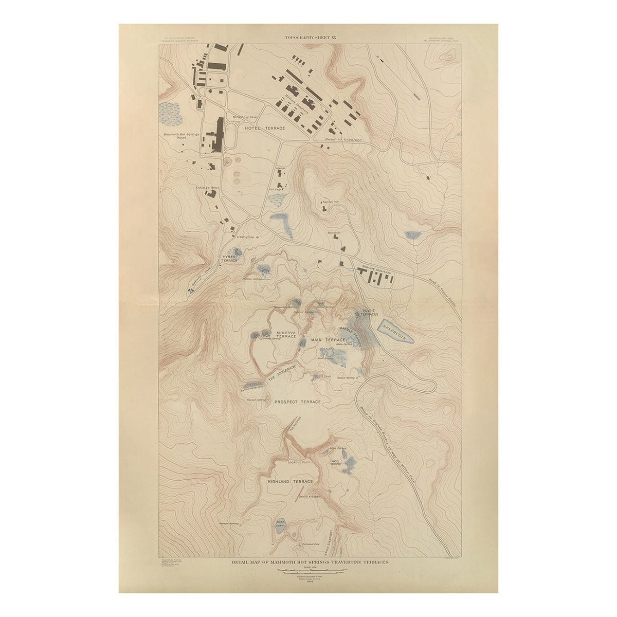 Yellowstone Topographic Map of Mammoth Springs and Travertine Terraces 1904 Map - Muir Way - Vintage Map