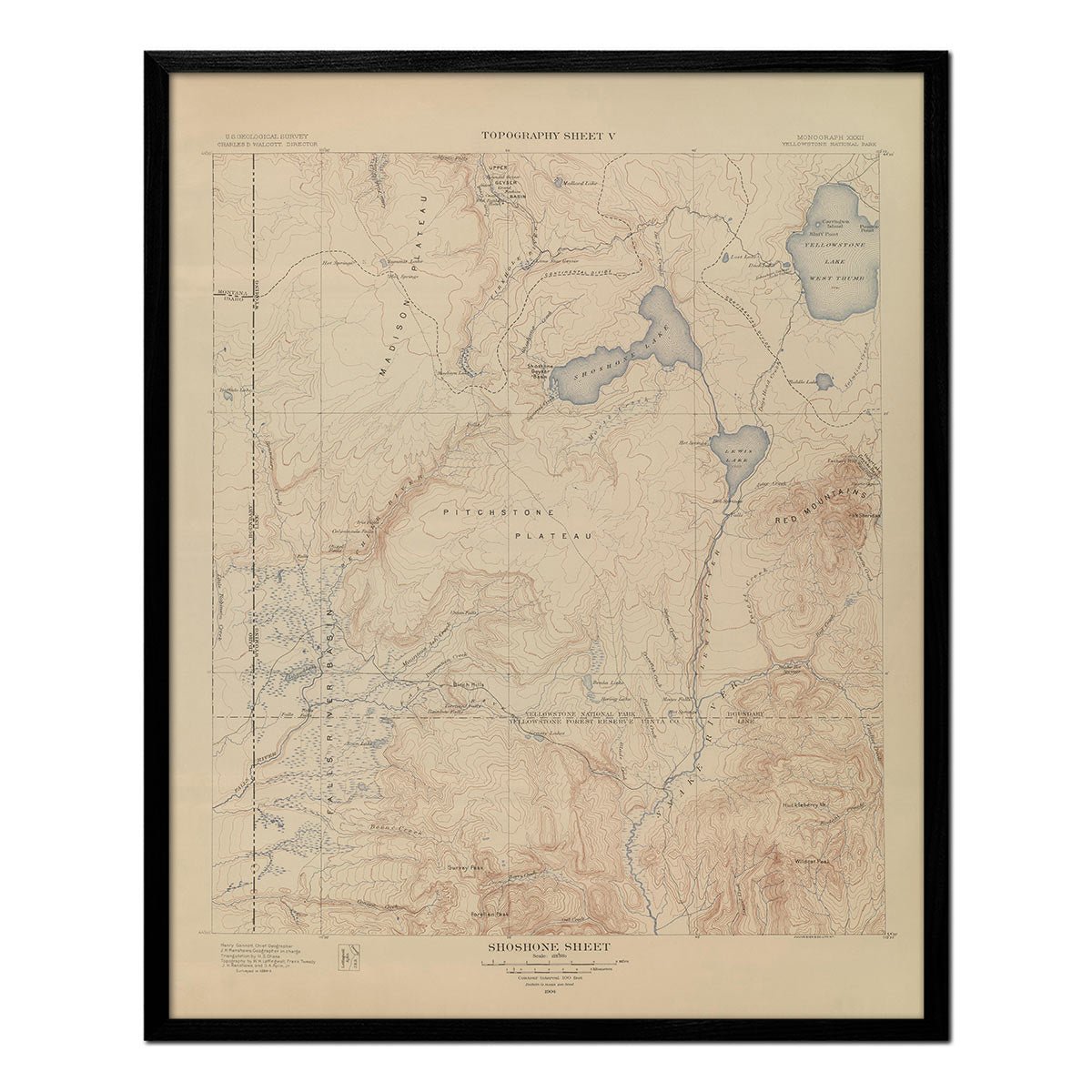 Yellowstone Topographic Map of Shoshone Section 1904 Map - Muir Way - Vintage Map
