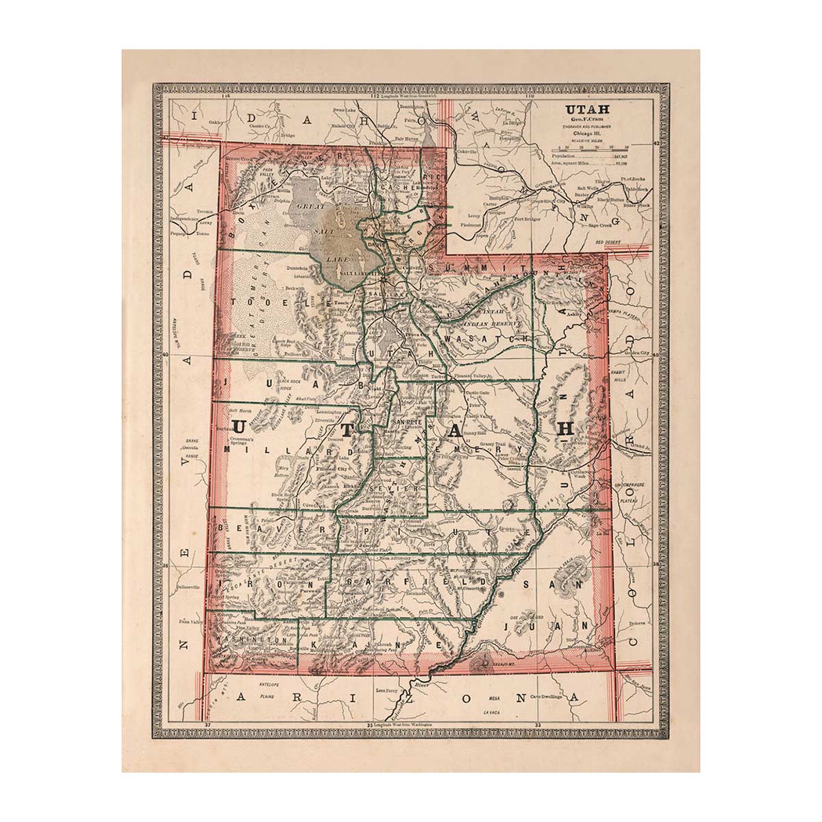 Utah 1883 Map - Muir Way - Vintage Map