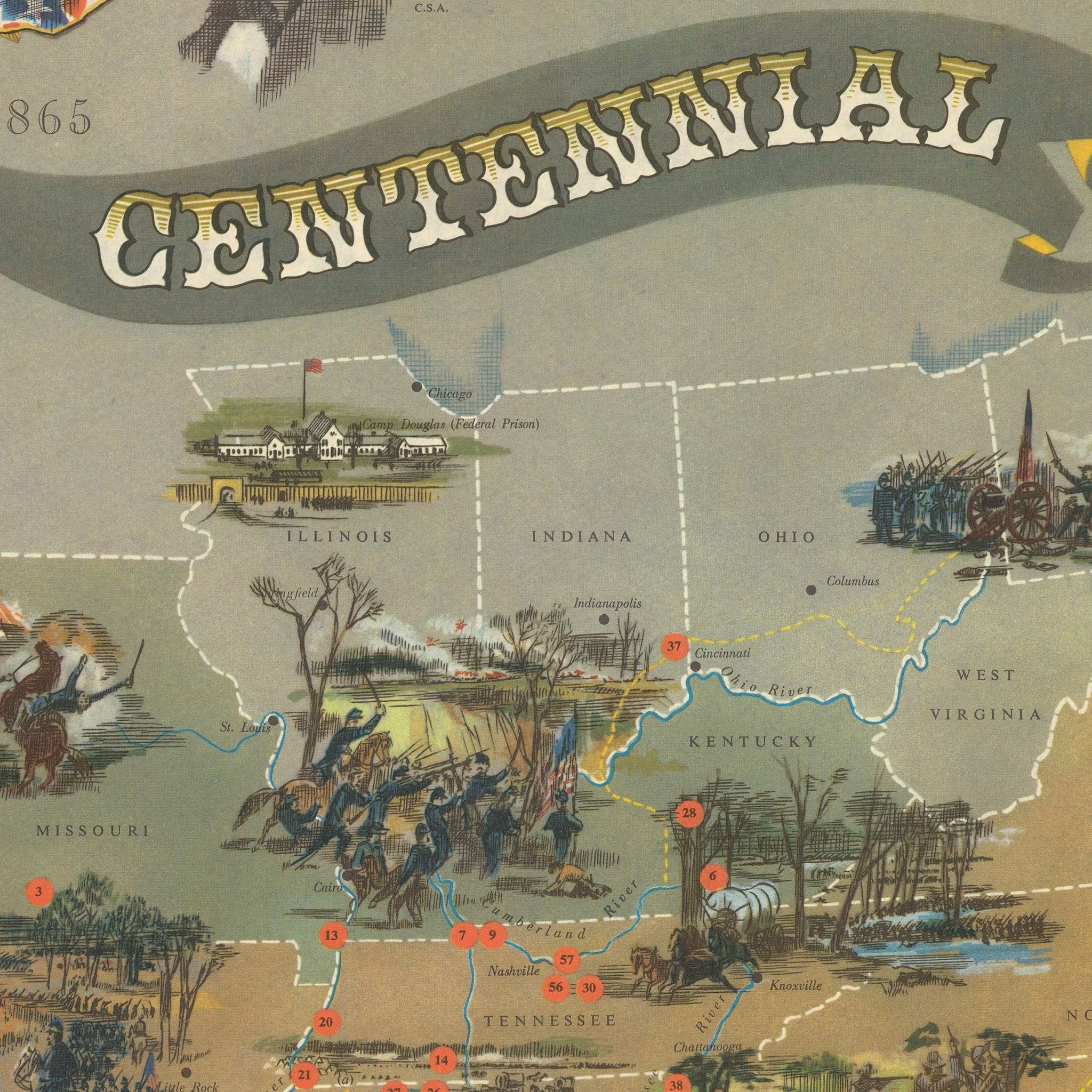 1861 - 1865 Civil War Centennial - Muir Way - Vintage Map