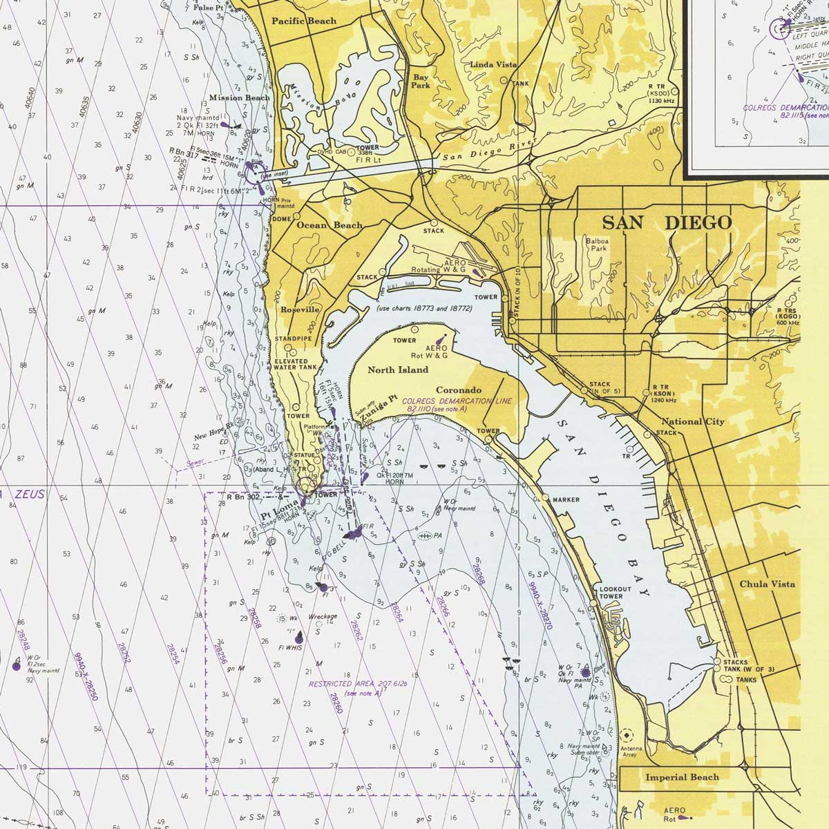 Approaches to San Diego Bay, La Jolla, Coronada, good CA Nautical Chart Shower Curtain, Map Shower Curtain / Made to Order