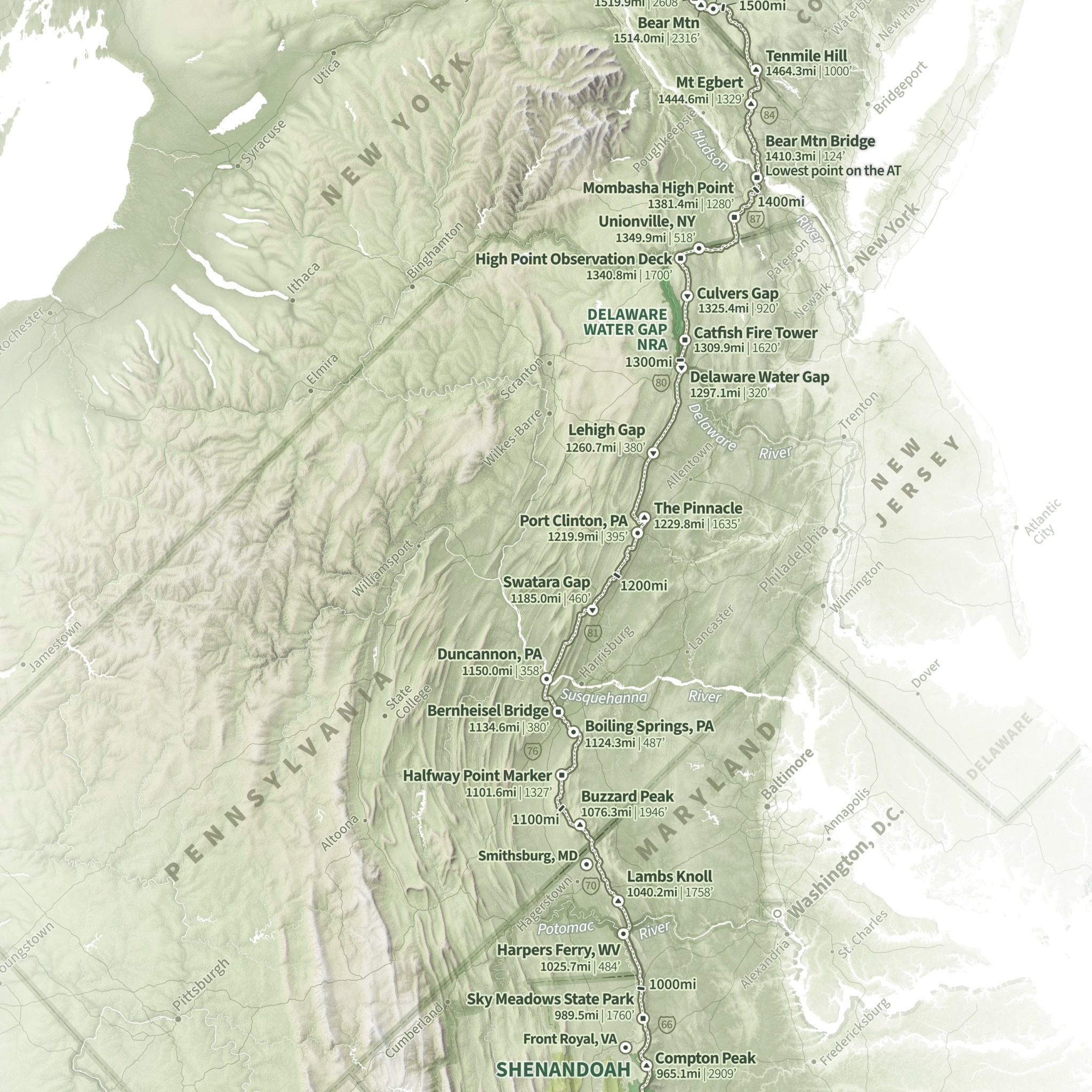 Appalachian Trail Shaded Relief Map - Muir Way - Natural Atlas