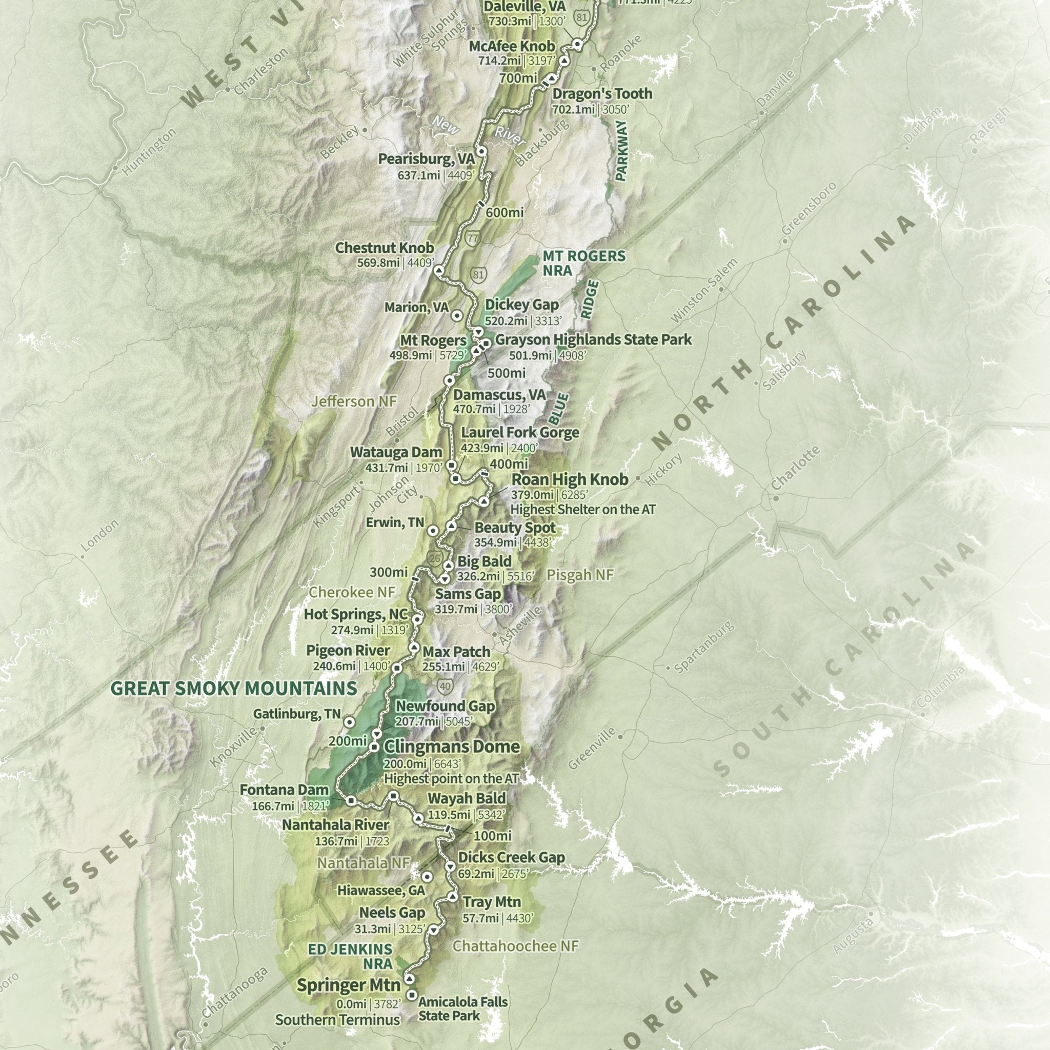 Appalachian Trail Shaded Relief Map - Muir Way - Natural Atlas