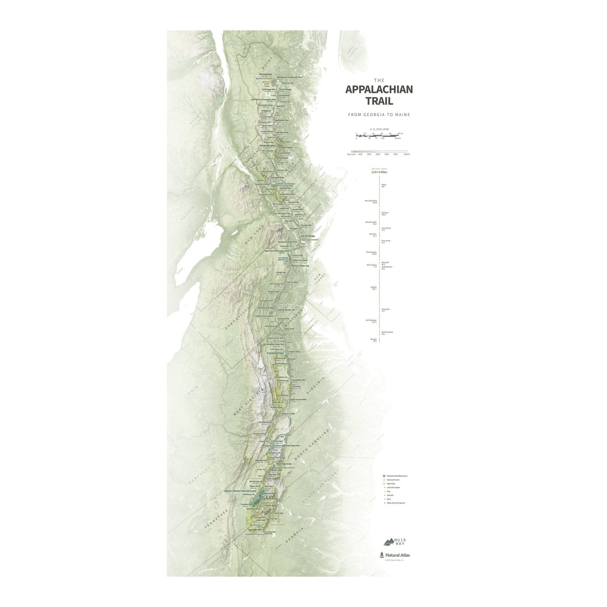 Appalachian Trail Shaded Relief Map - Muir Way - Natural Atlas