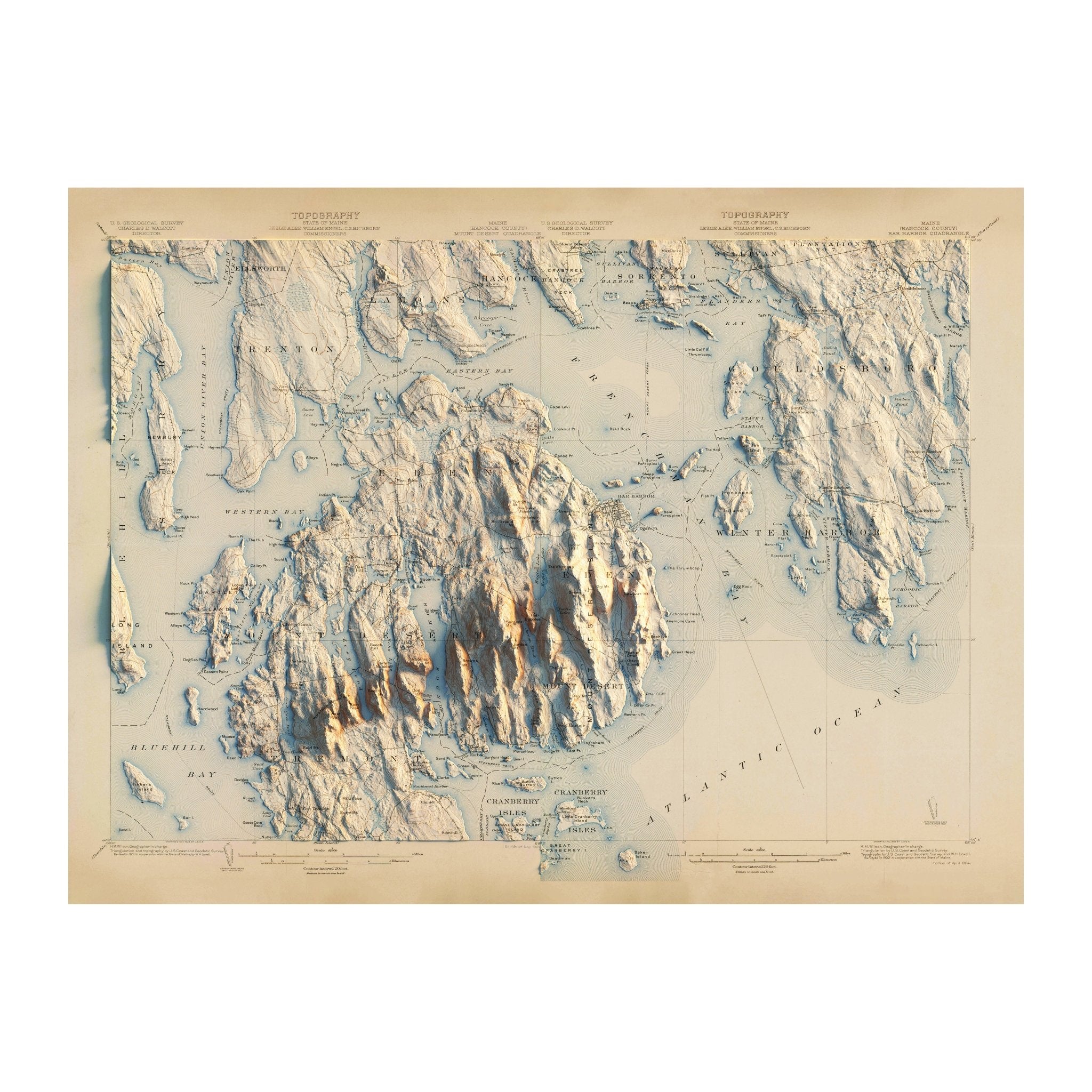 Acadia, Bar Harbor 1904 Shaded Relief Map - Muir Way - Vintage Relief