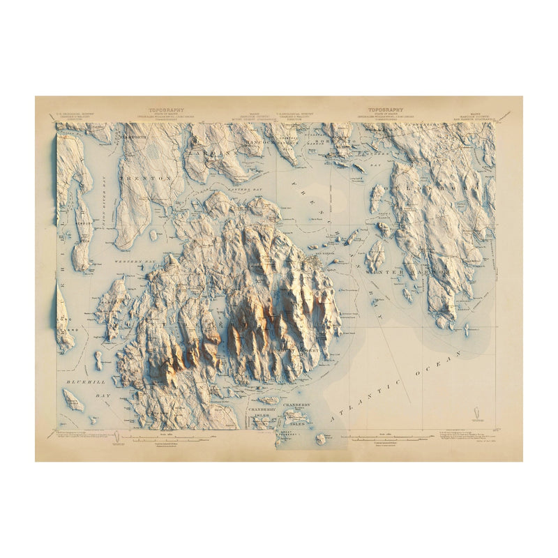 Acadia, Bar Harbor 1904 Shaded Relief Map - Muir Way - Vintage Relief