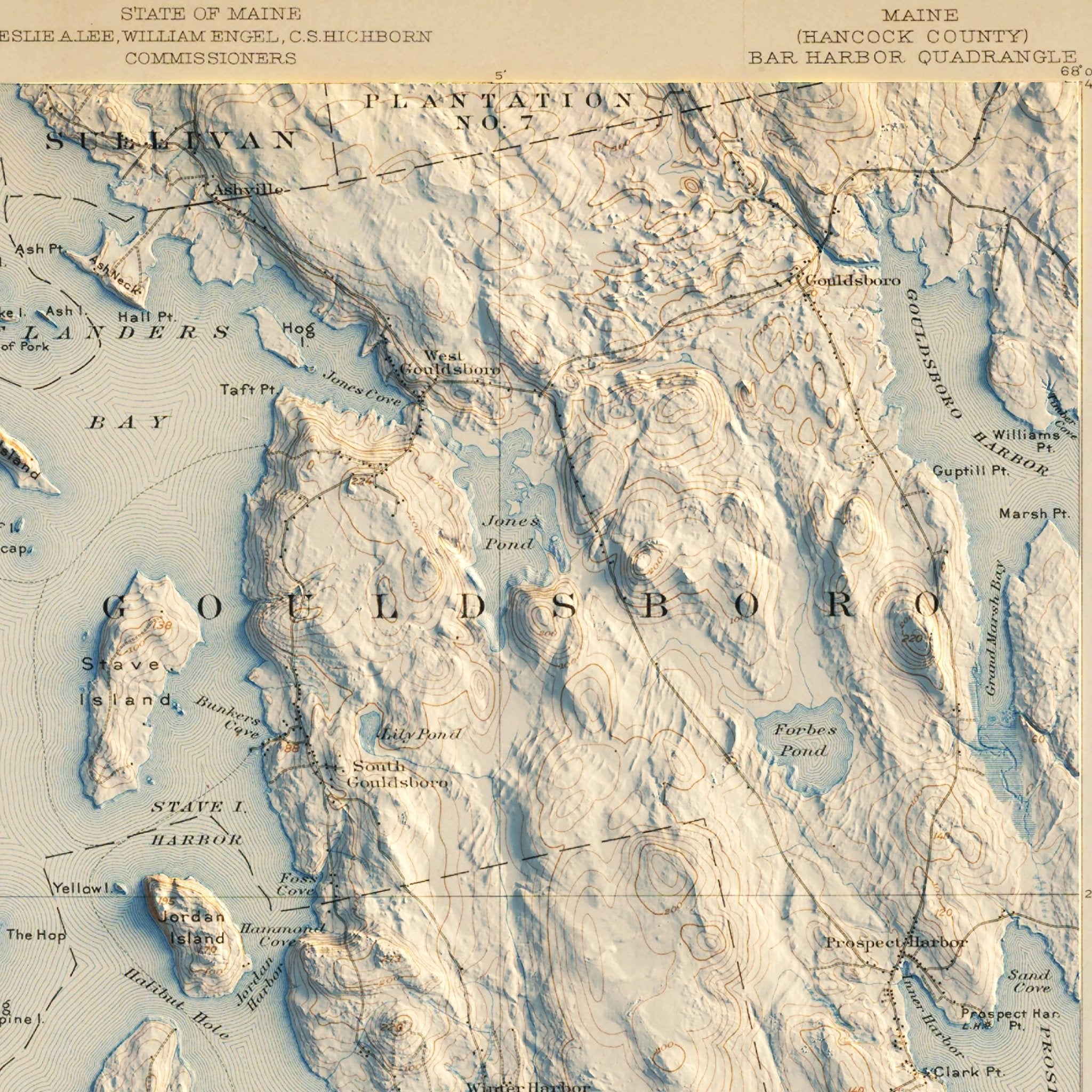 Acadia, Bar Harbor 1904 Shaded Relief Map - Muir Way - Vintage Relief