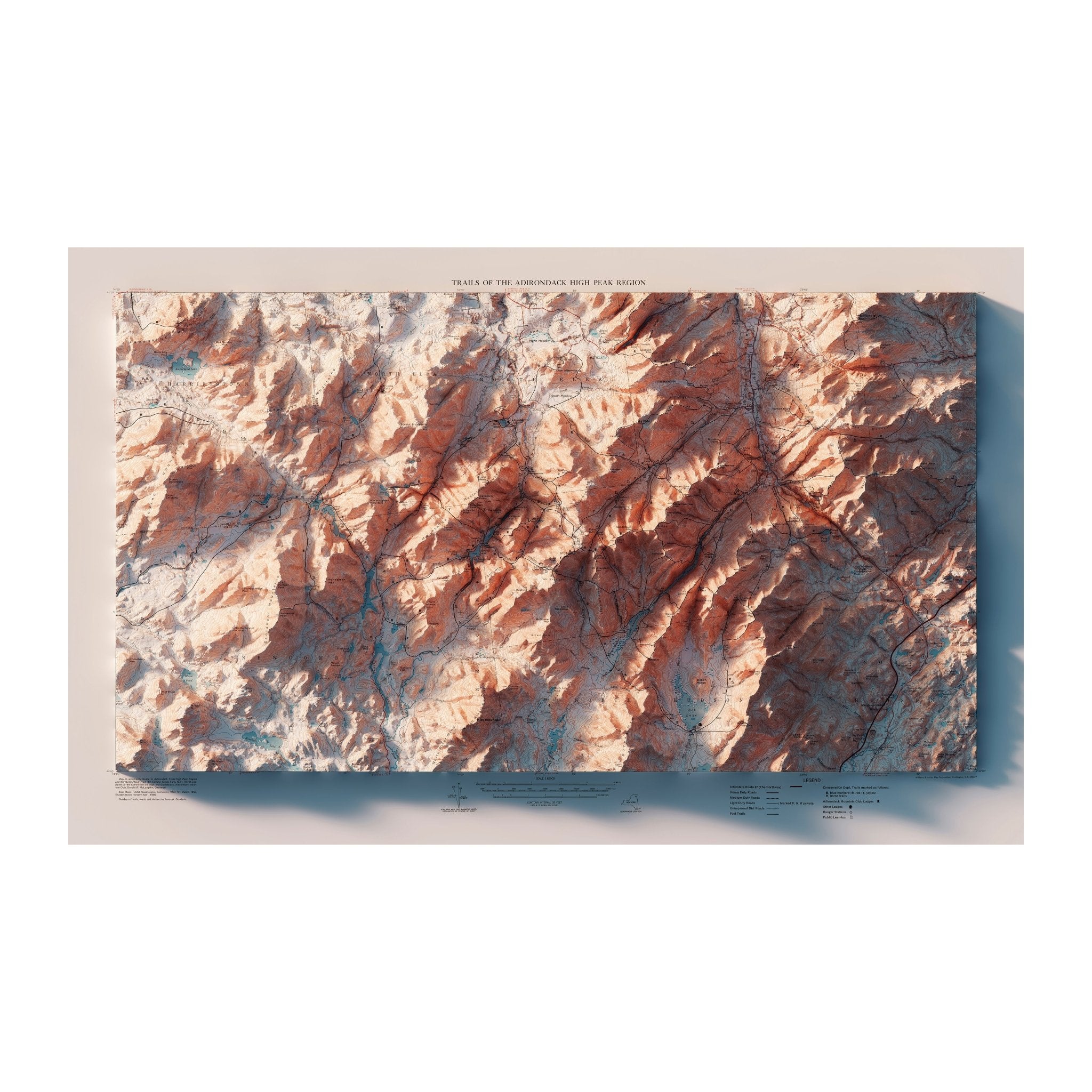 Adirondack Trails 1974 Shaded Relief Map - Muir Way - Vintage Relief