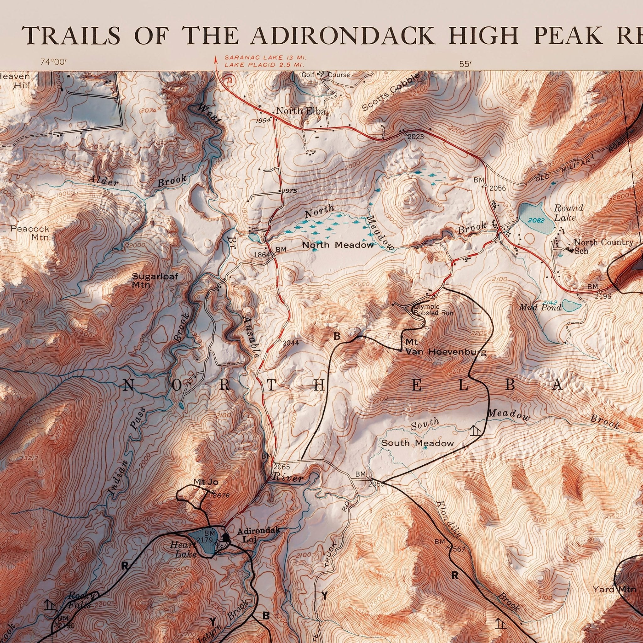 Adirondack Trails 1974 Shaded Relief Map - Muir Way - Vintage Relief