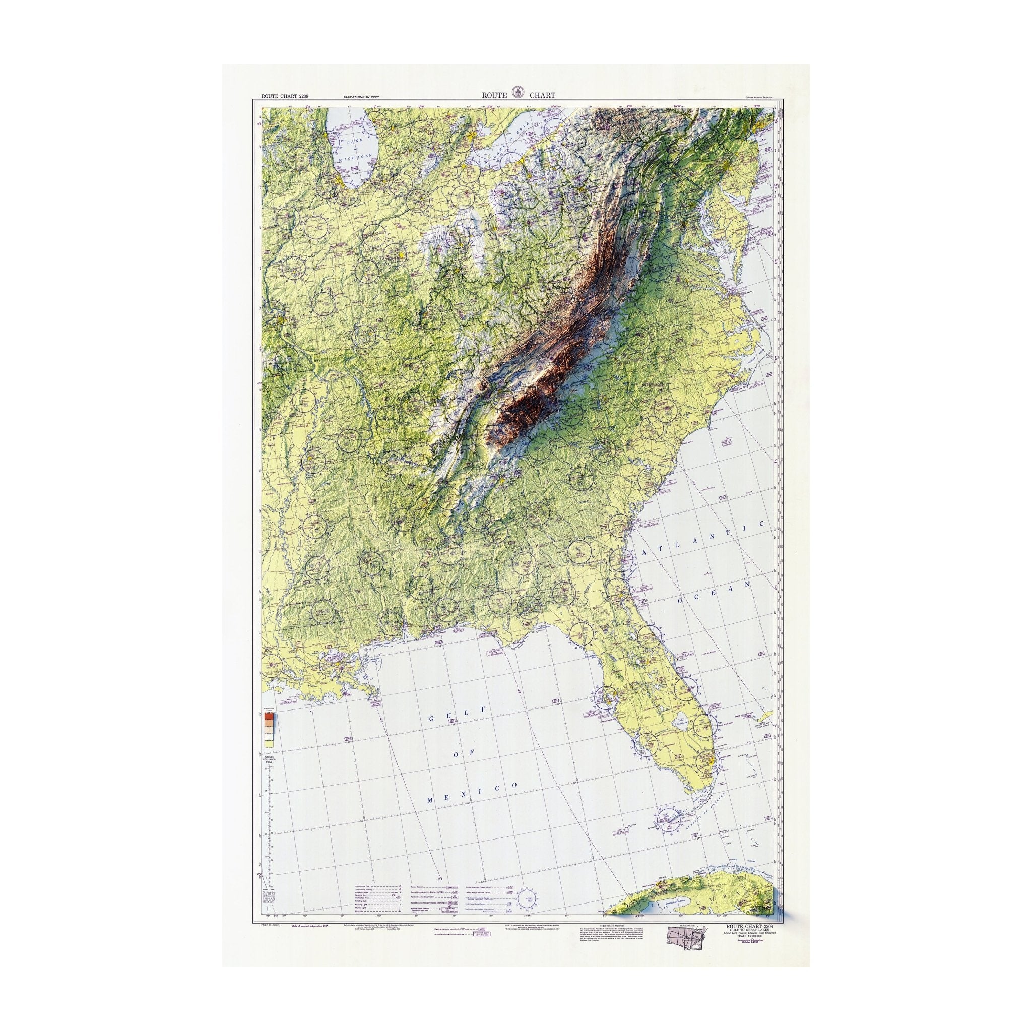 Aeronautical Chart - USA Southeast 1950 Shaded Relief Map - Muir Way - Vintage Relief