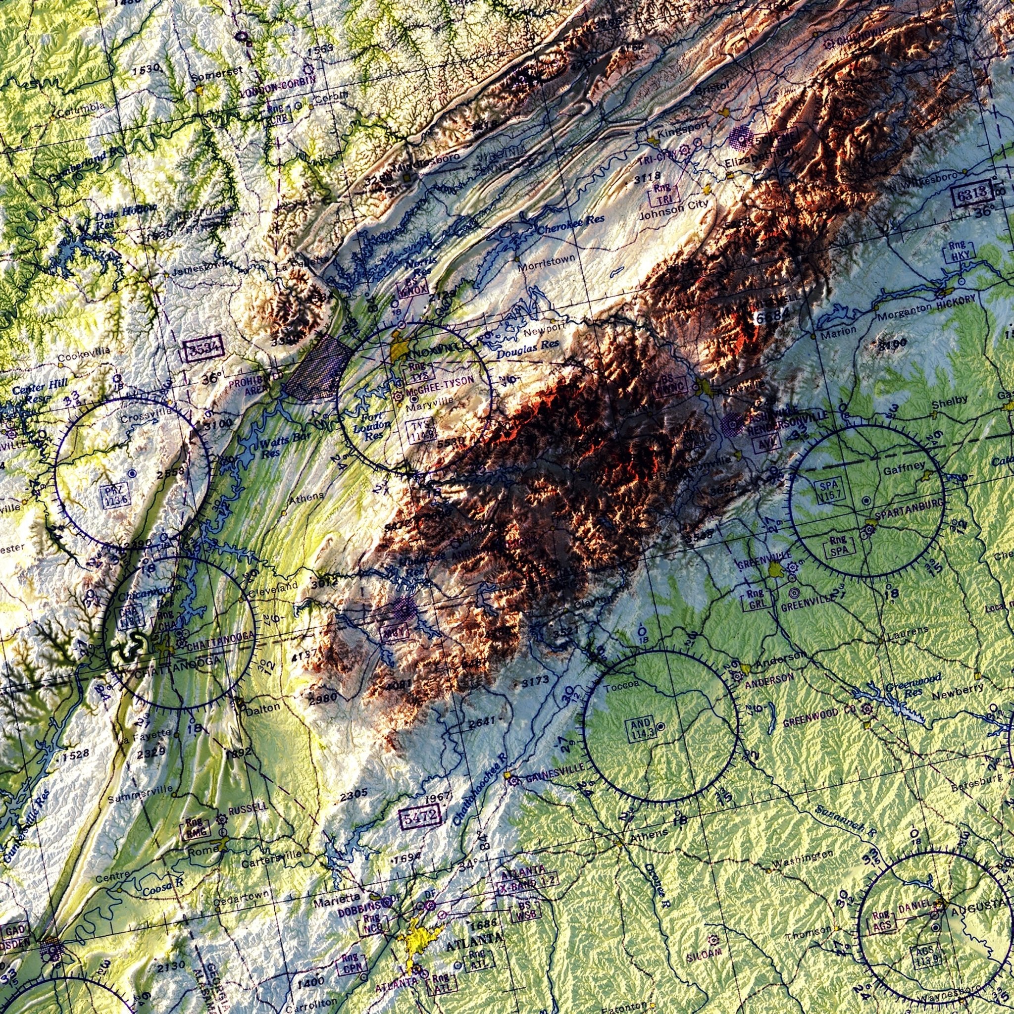 Aeronautical Chart - USA Southeast 1950 Shaded Relief Map - Muir Way - Vintage Relief