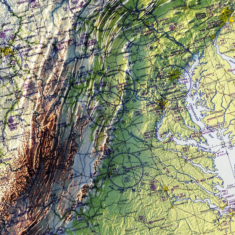 Aeronautical Chart - USA Southeast 1950 Shaded Relief Map - Muir Way - Vintage Relief