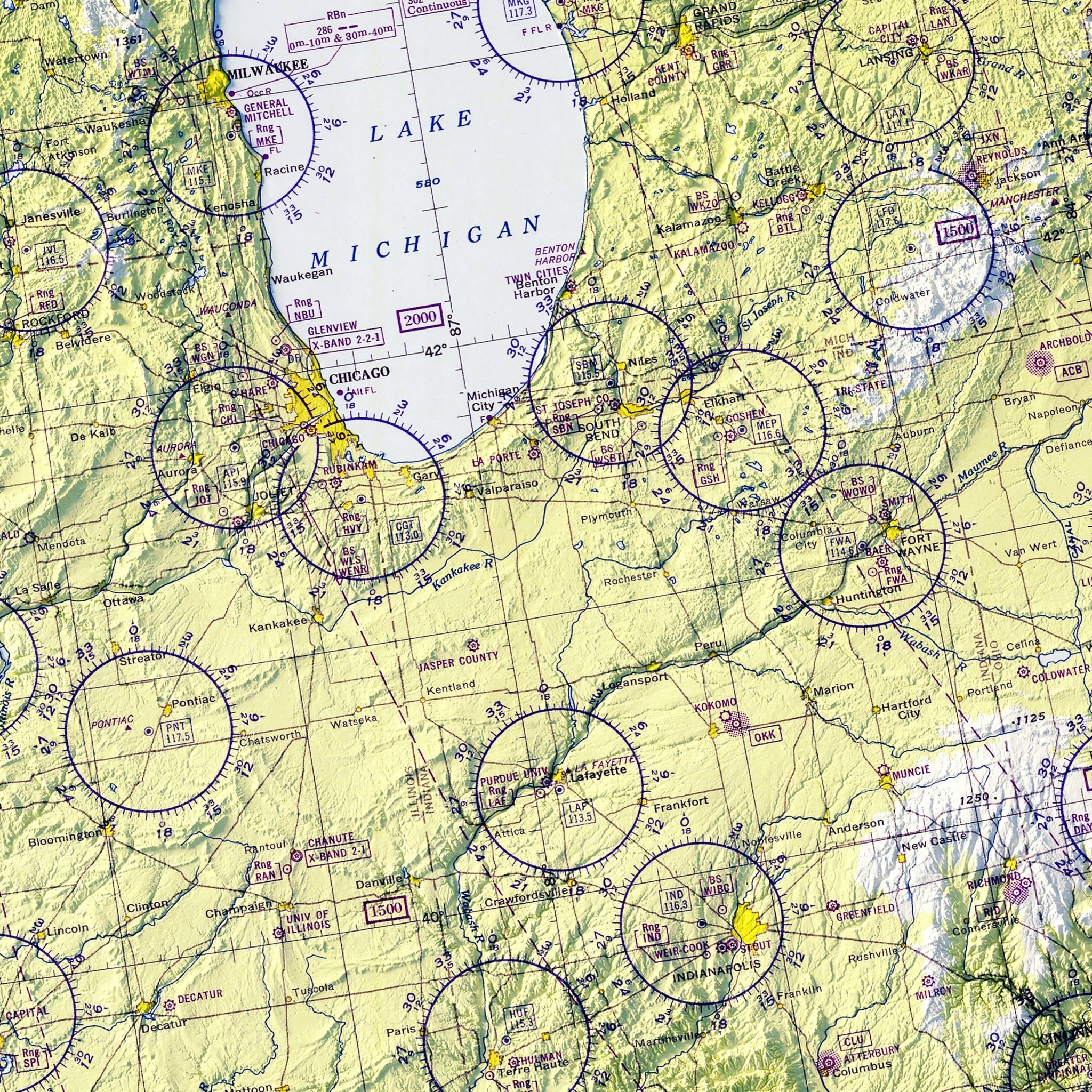 Aeronautical Chart - USA Southeast 1950 Shaded Relief Map - Muir Way - Vintage Relief