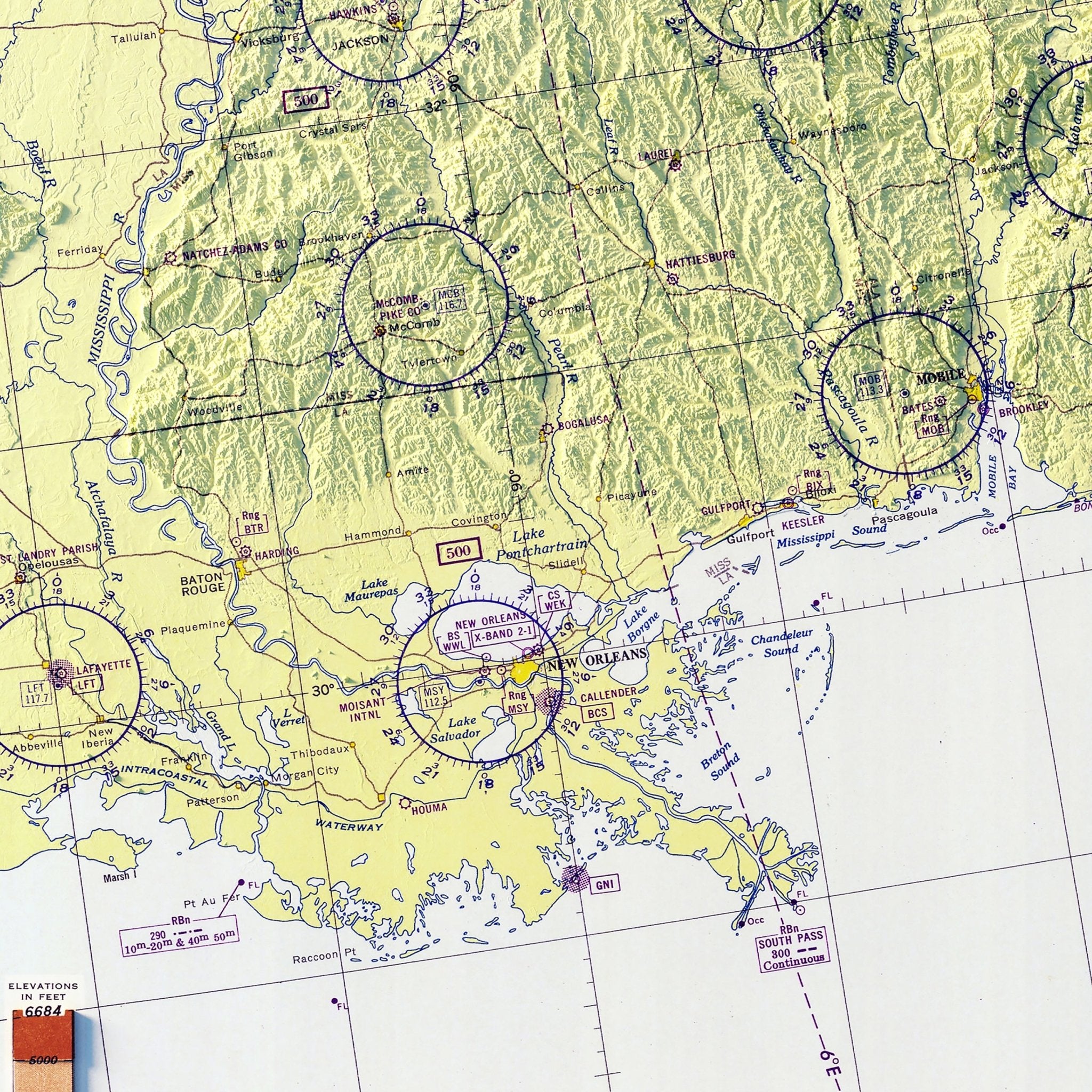 Aeronautical Chart - USA Southeast 1950 Shaded Relief Map - Muir Way - Vintage Relief