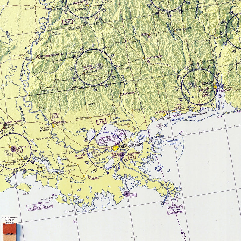 Aeronautical Chart - USA Southeast 1950 Shaded Relief Map - Muir Way - Vintage Relief