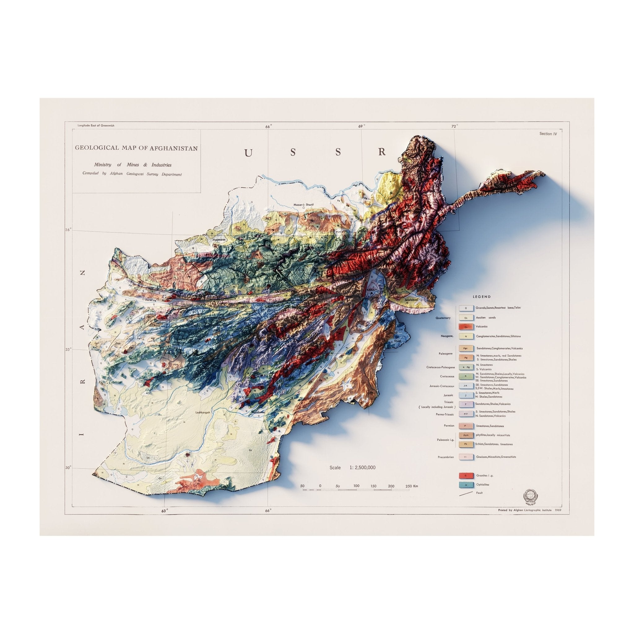 Afghanistan 1969 Shaded Relief Map - Muir Way - Vintage Relief