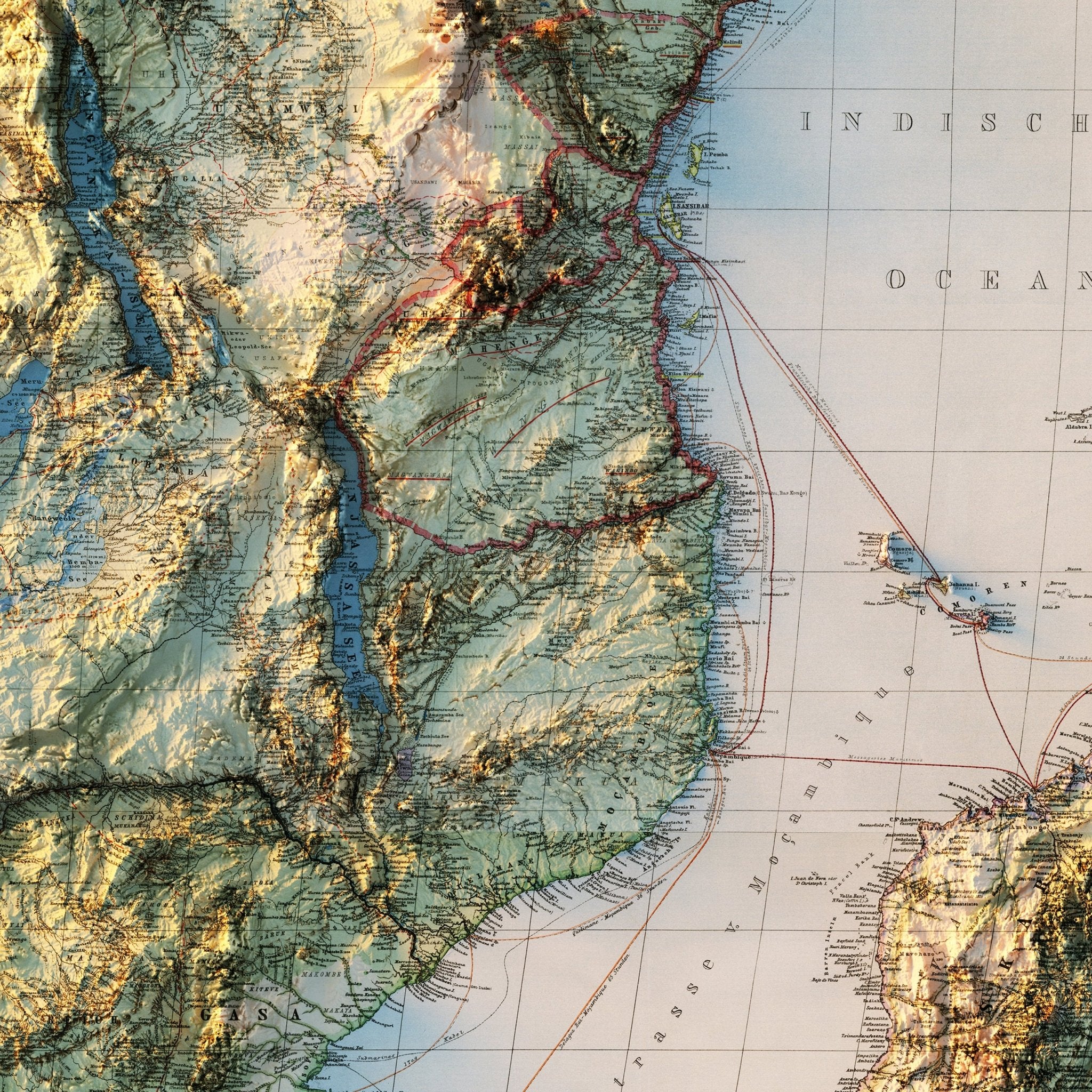 Africa 1885 Shaded Relief Map - Muir Way - Vintage Relief