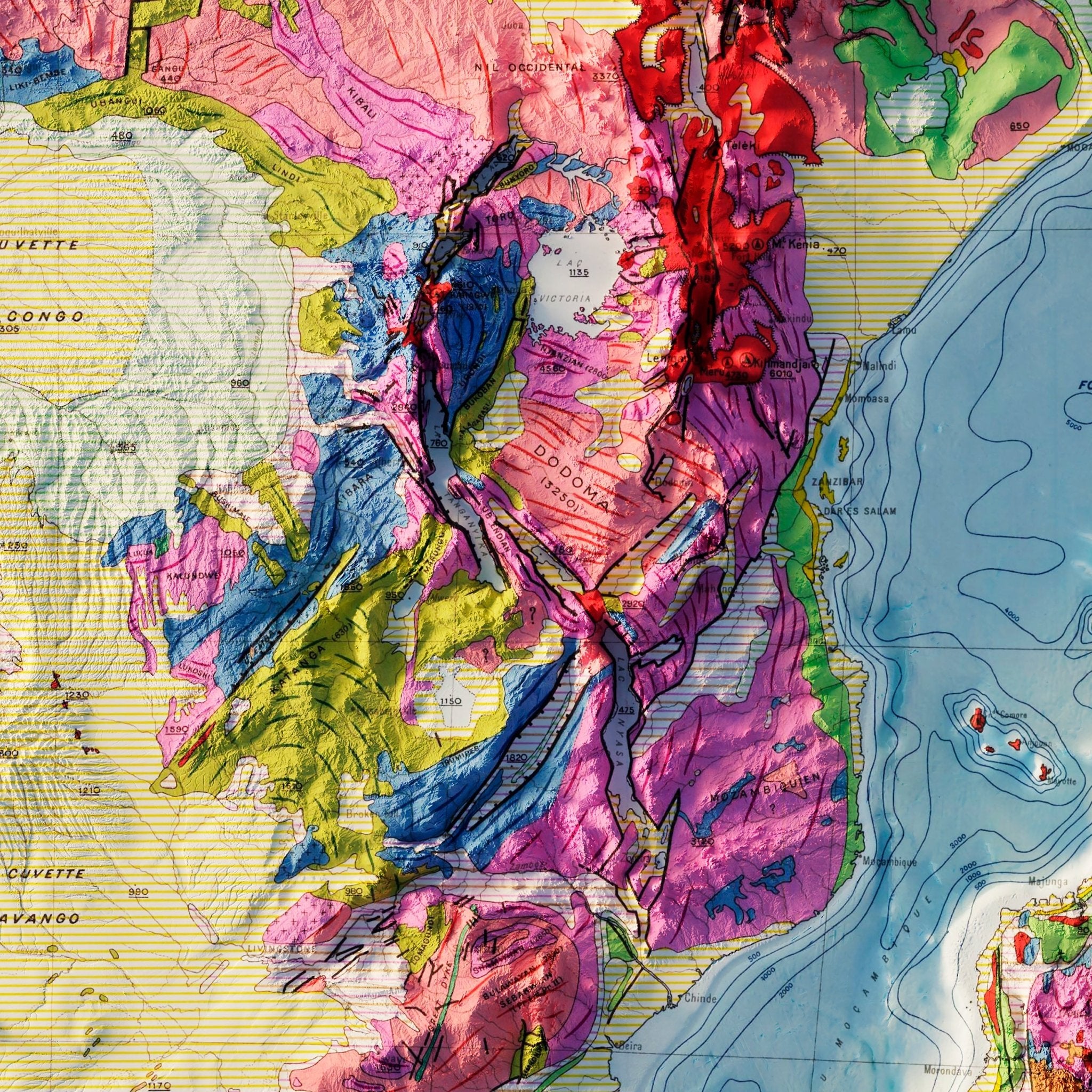 Africa Geological 1958 Shaded Relief Map - Muir Way - Vintage Relief