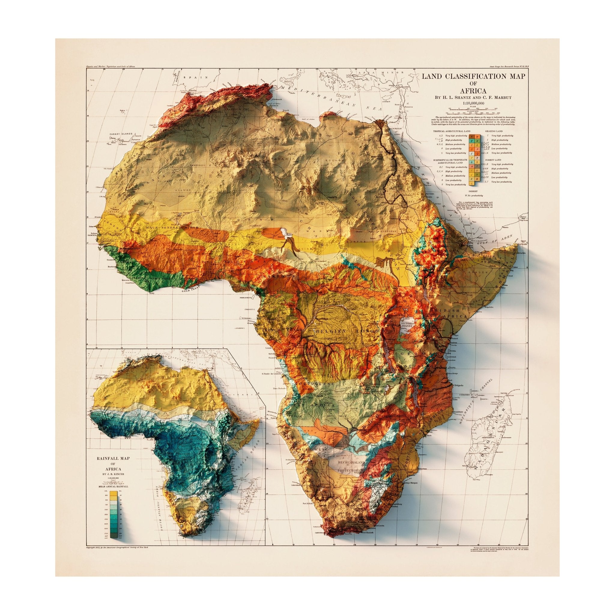 Africa Continent 1923 Shaded Relief Map - Muir Way - Vintage Relief