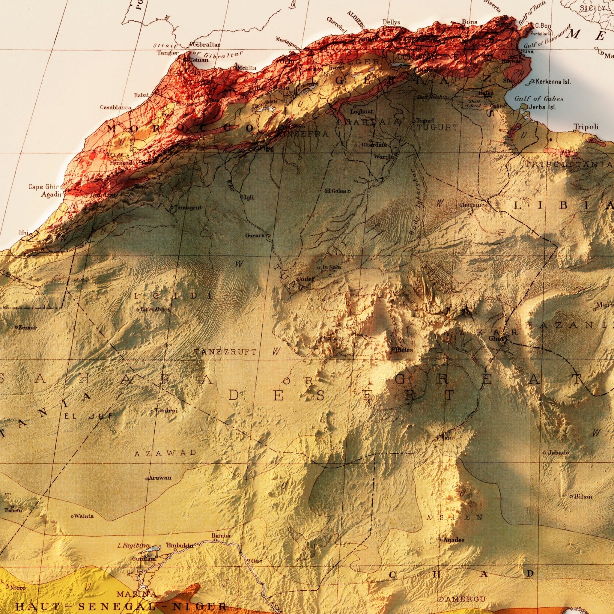 Africa Continent 1923 Shaded Relief Map - Muir Way - Vintage Relief