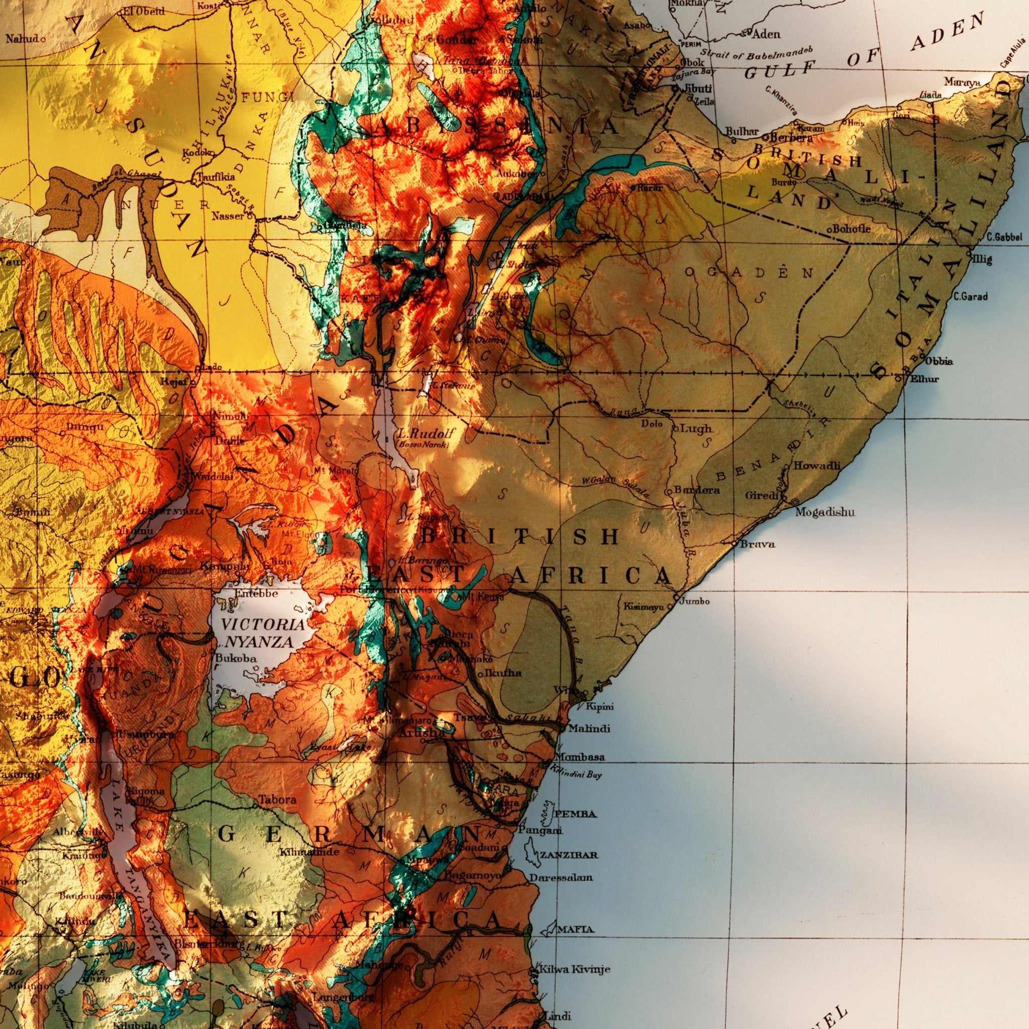 Africa Continent 1923 Shaded Relief Map - Muir Way - Vintage Relief