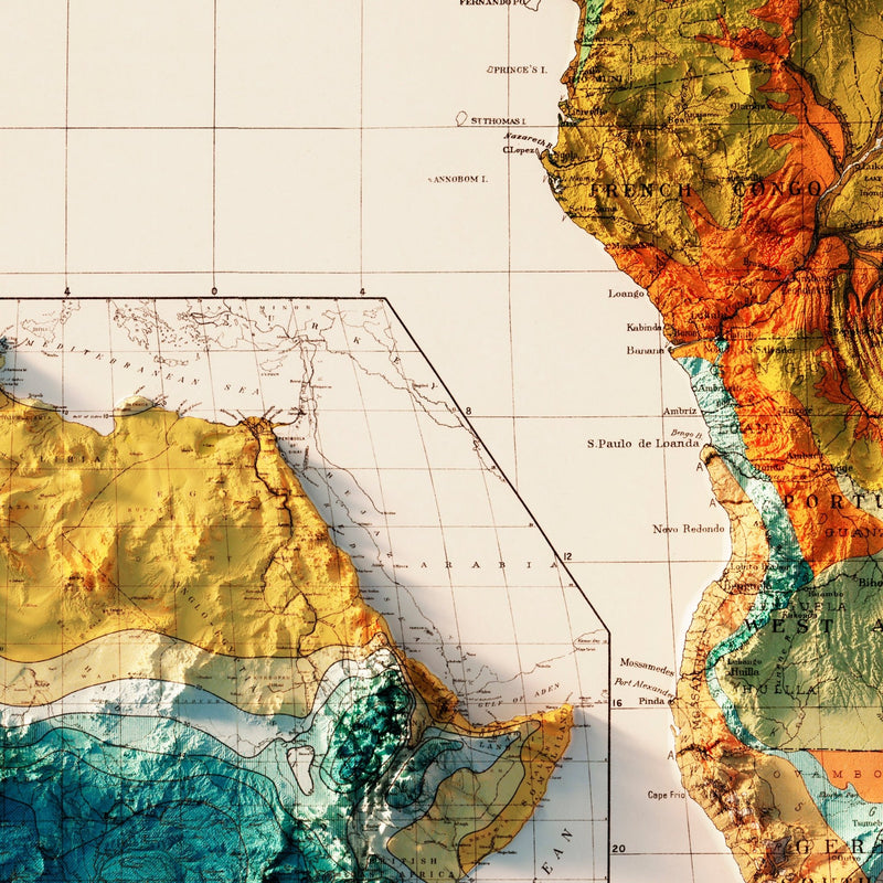 Africa Continent 1923 Shaded Relief Map - Muir Way - Vintage Relief