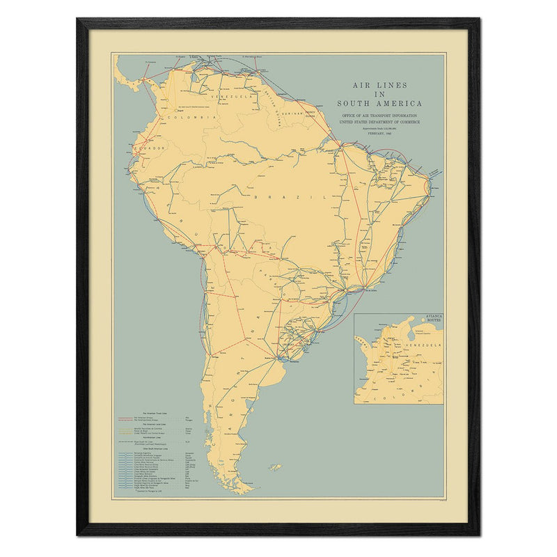 Air Lines in South America with Avianca Routes 1943 - Muir Way - Vintage Map